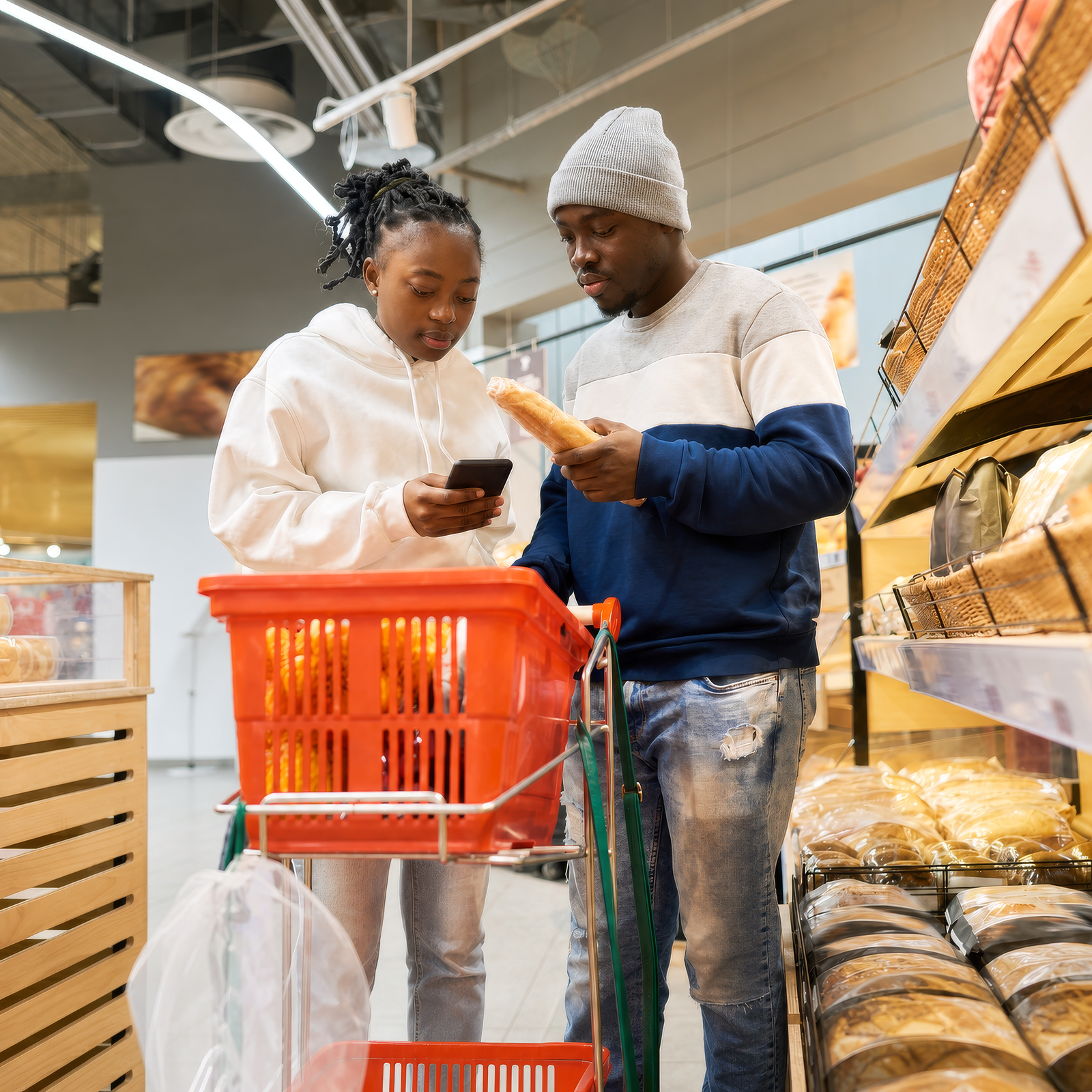 A family comparing grocery receipts in a store aisle